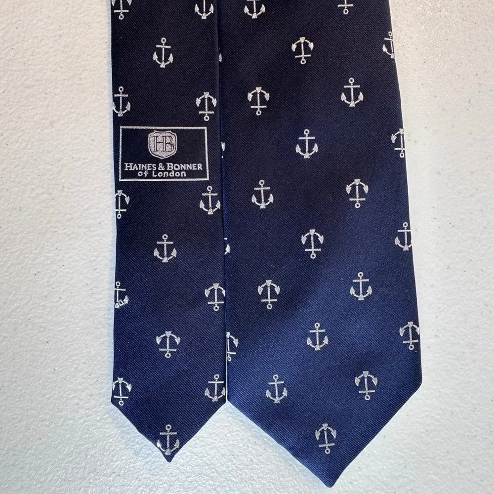 Haines & Bonner London Silk Tie Navy‎ Anchor Pattern Classic Necktie